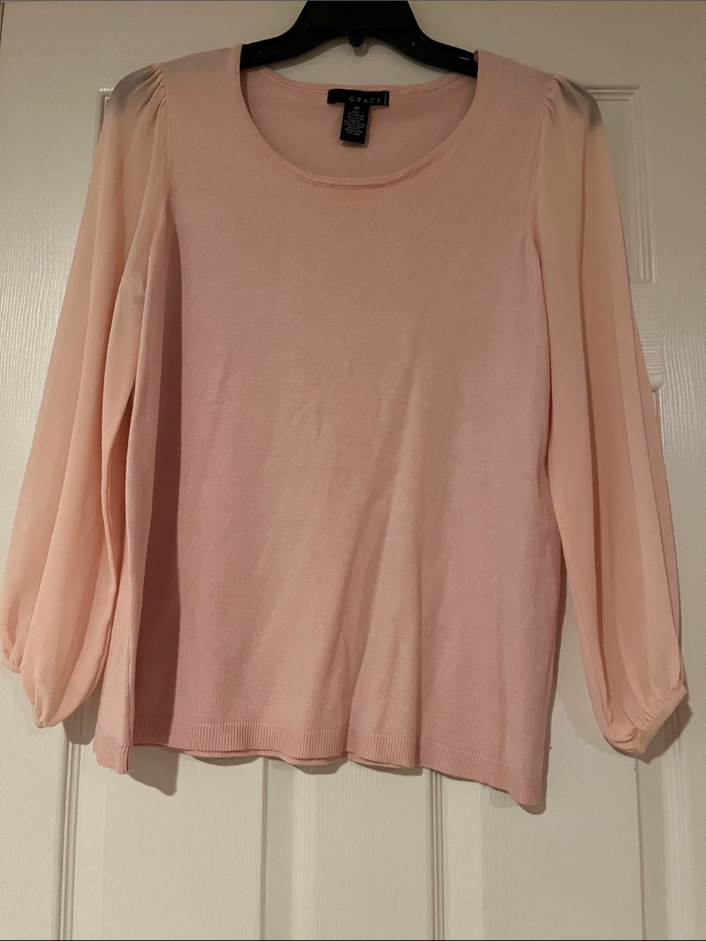 Grace Blush Pink Long-Sleeve Knit Top with Sheer Puff Sleeves